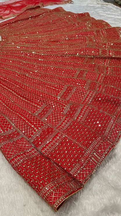 Crimson Red Satin Silk Embroidery Lehenga Choli