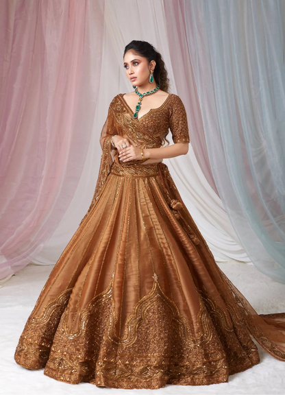 Rust Orange Embroidered Lehenga Choli