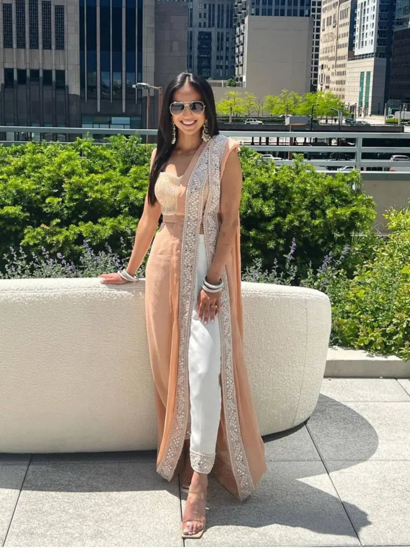 Peach-White Georgette Ready To Wear Pant Saree With Sequins & Resham Thread Work