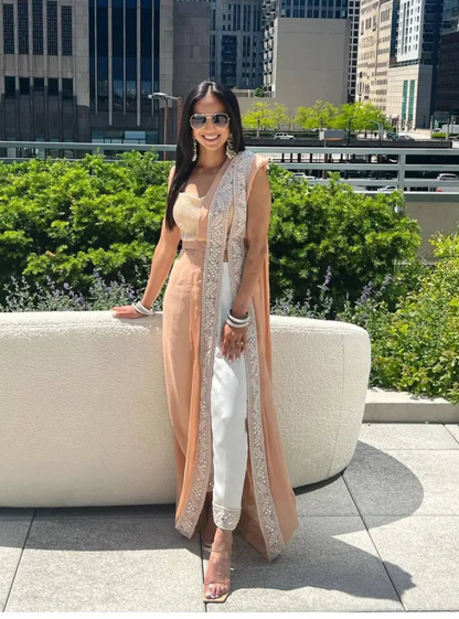 Peach-White Georgette Ready To Wear Pant Saree With Sequins & Resham Thread Work