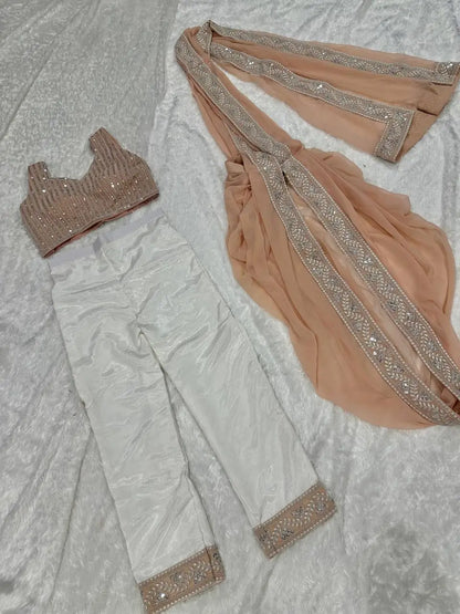 Peach-White Georgette Ready To Wear Pant Saree With Sequins & Resham Thread Work