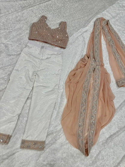 Peach-White Georgette Ready To Wear Pant Saree With Sequins & Resham Thread Work