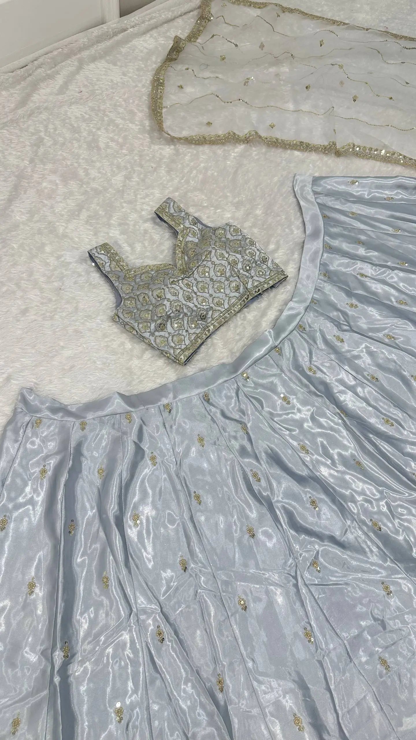 Cloud Grey Satin Silk Embroidery Lehenga Choli