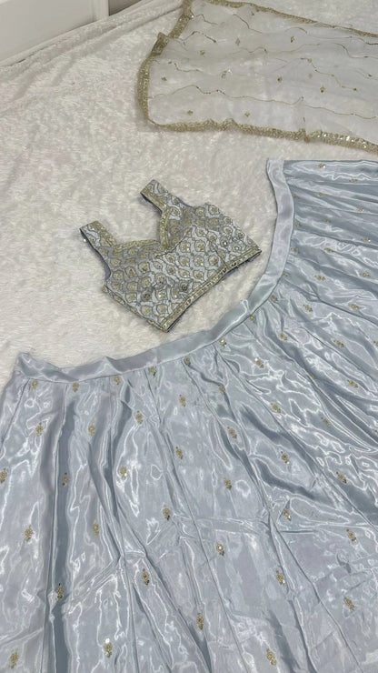 Cloud Grey Satin Silk Embroidery Lehenga Choli