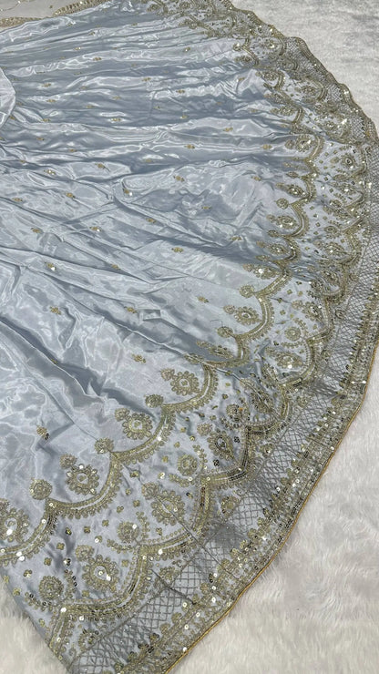 Cloud Grey Satin Silk Embroidery Lehenga Choli