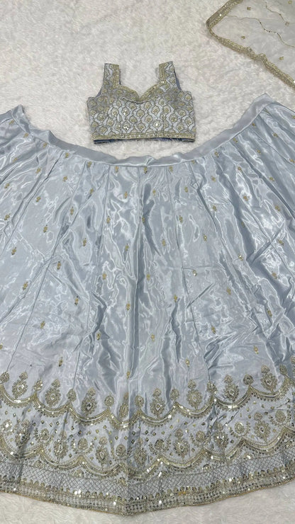 Cloud Grey Satin Silk Embroidery Lehenga Choli