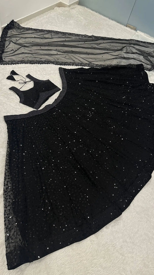 Ebony Black Net Sequins Embroidery Lehenga Choli