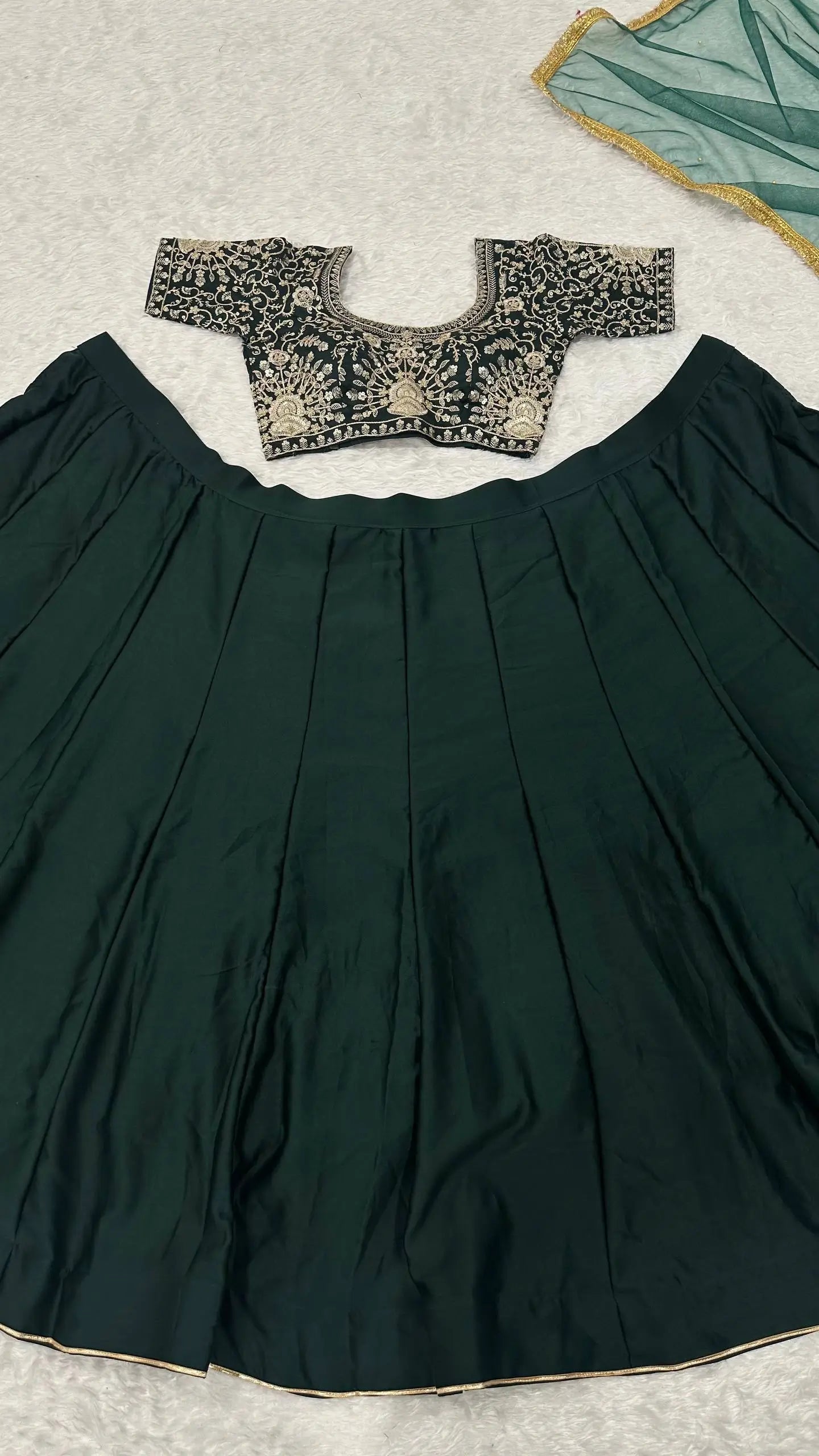 Deep Green Satin Embroidery Lehenga Choli