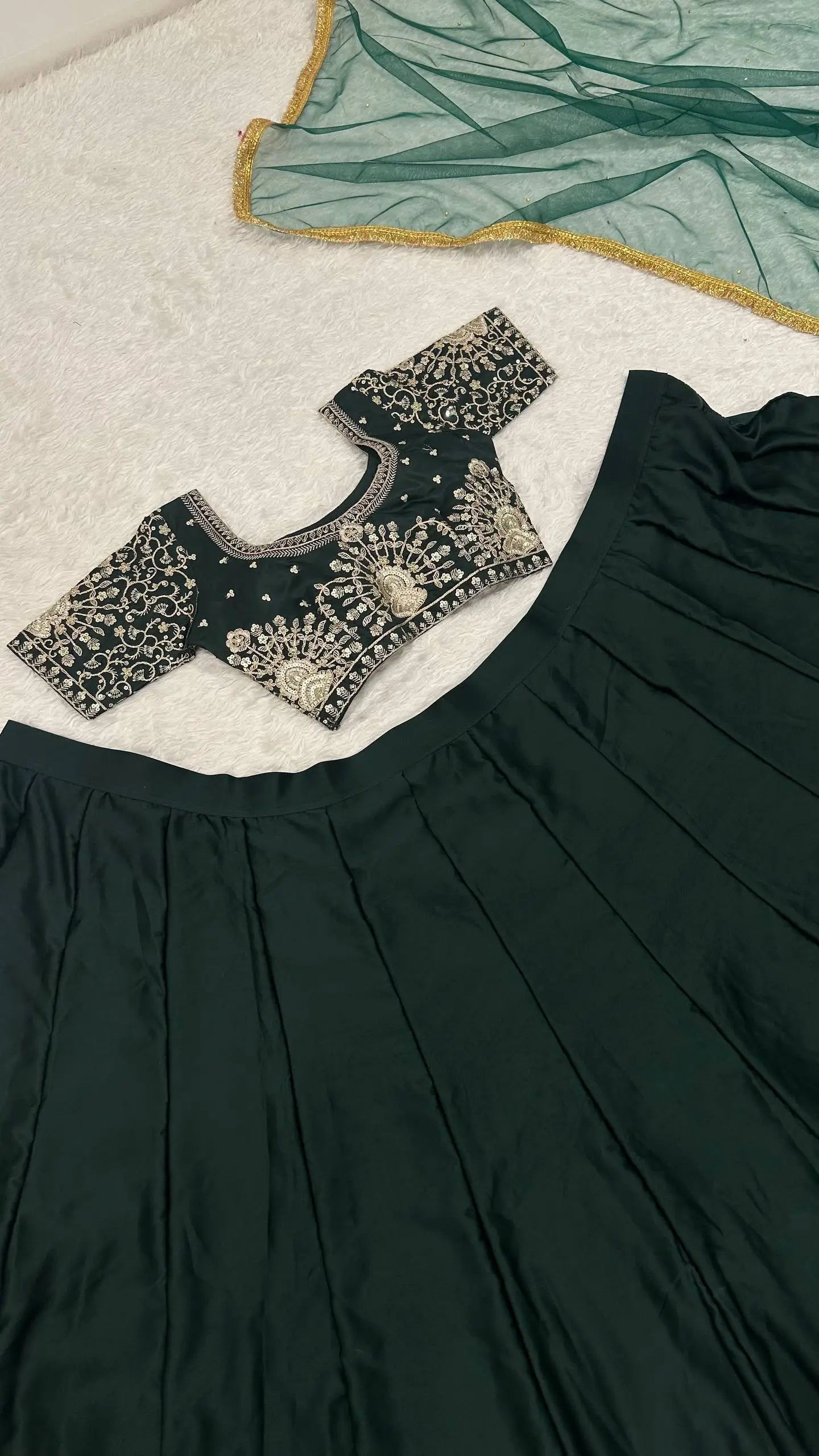 Deep Green Satin Embroidery Lehenga Choli