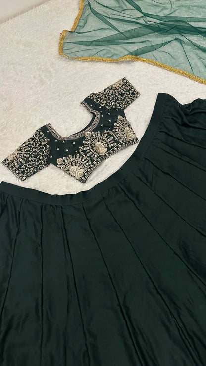 Deep Green Satin Embroidery Lehenga Choli