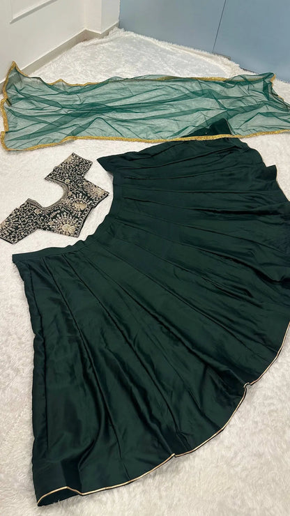 Deep Green Satin Embroidery Lehenga Choli