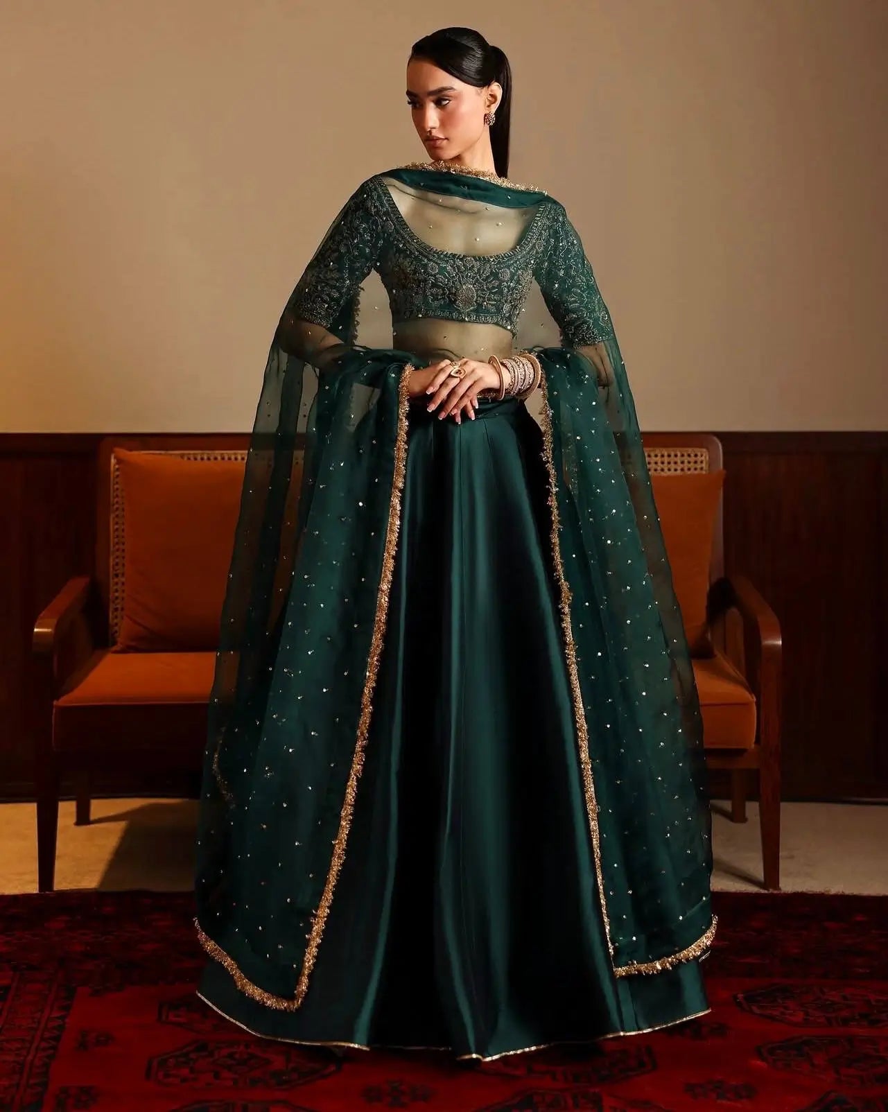 Deep Green Satin Embroidery Lehenga Choli