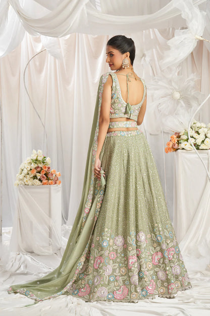 See Green Chiffon Lehenga with Sequins & Thread Embroidery