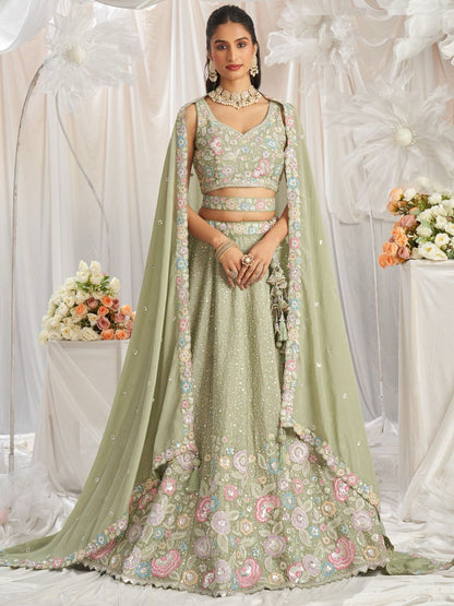 See Green Chiffon Lehenga with Sequins & Thread Embroidery