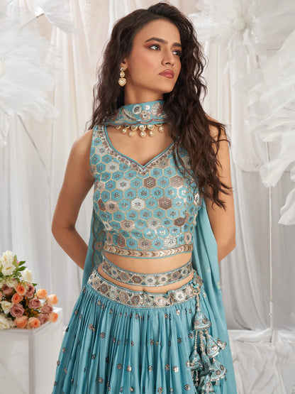 Turquoise Blue Georgette Lehenga with Sequins & Thread Embroidery