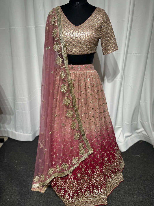 Peach To Pink Gradient Georgette Lehenga With Zari Sequins Embroidery Work