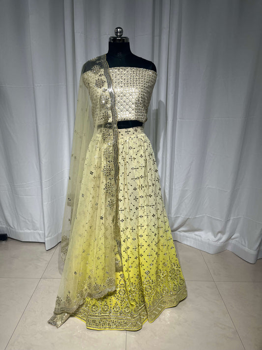 Yellow To Beige Gradient Georgette Lehenga With Zari Sequins Embroidery Work