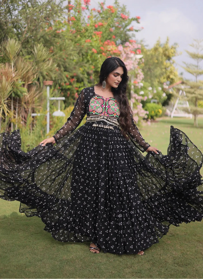 Black Navratri Gown With Bandhani Print & Gamthi Work