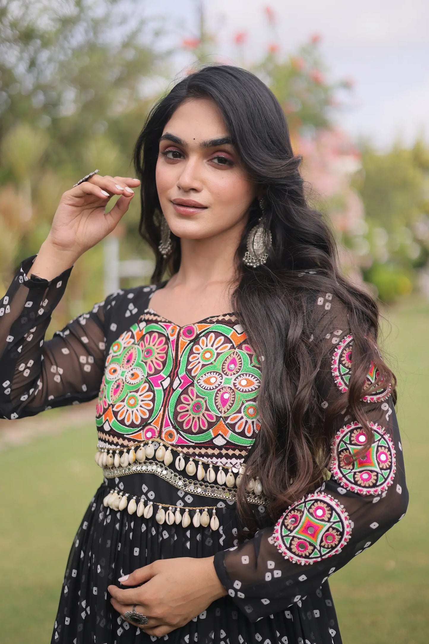 Black Navratri Gown With Bandhani Print & Gamthi Work