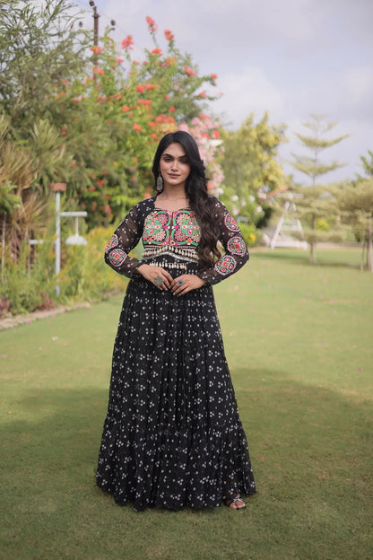 Black Navratri Gown With Bandhani Print & Gamthi Work