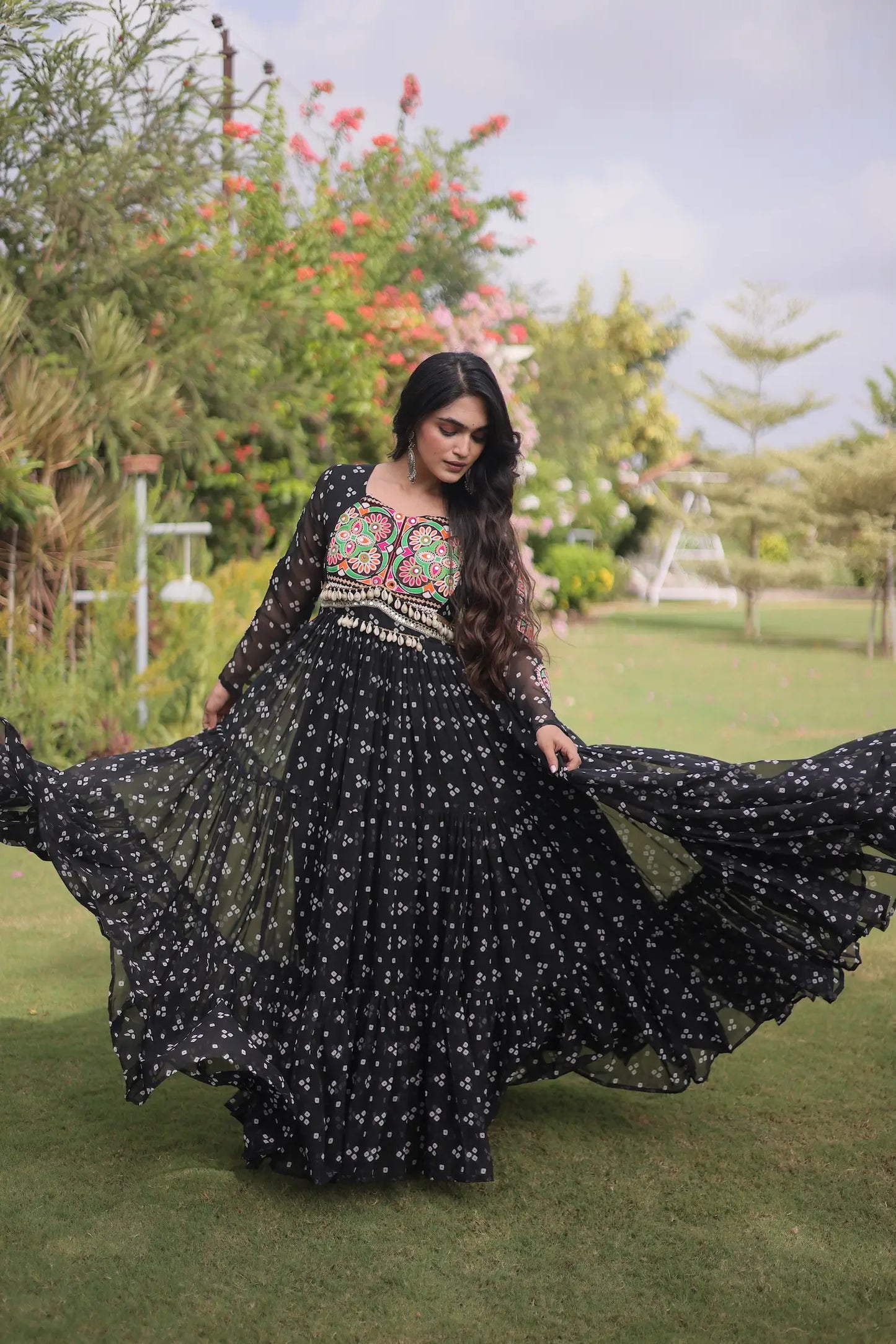 Black Navratri Gown With Bandhani Print & Gamthi Work