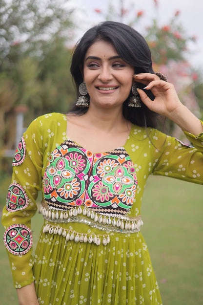 Parrot Green Navratri Gown With Bandhani Print & Gamthi Work