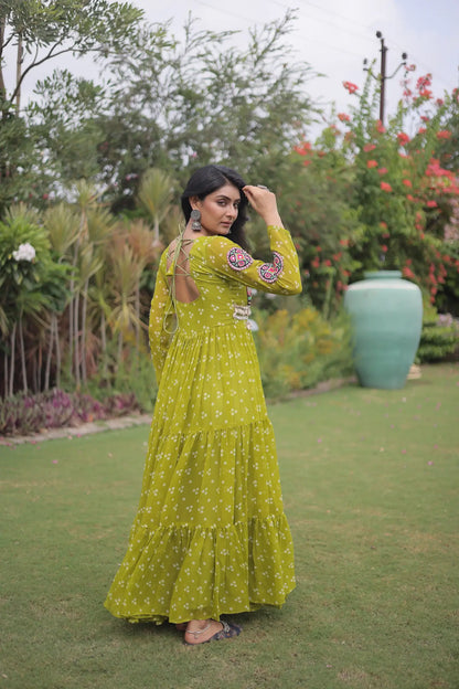 Parrot Green Navratri Gown With Bandhani Print & Gamthi Work