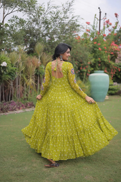 Parrot Green Navratri Gown With Bandhani Print & Gamthi Work