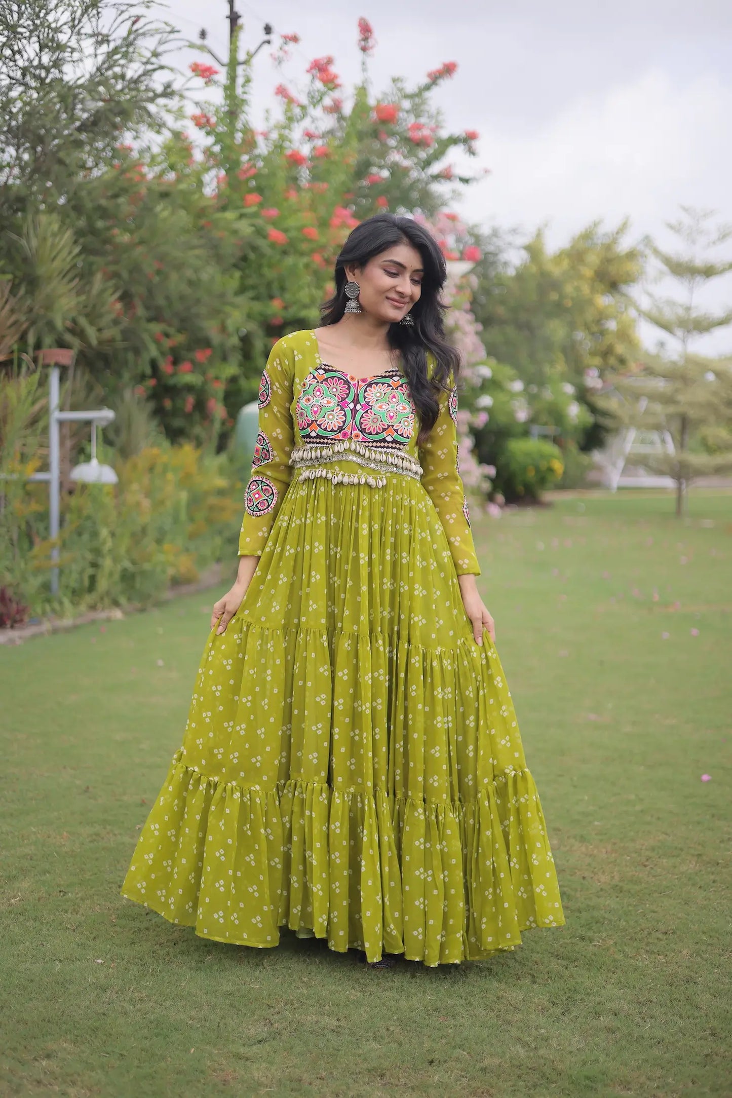 Parrot Green Navratri Gown With Bandhani Print & Gamthi Work