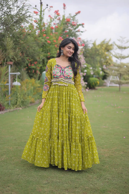 Parrot Green Navratri Gown With Bandhani Print & Gamthi Work