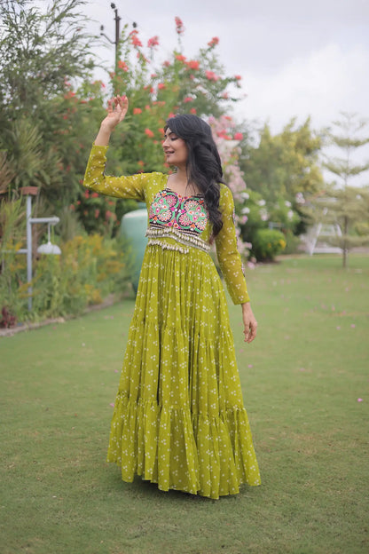 Parrot Green Navratri Gown With Bandhani Print & Gamthi Work