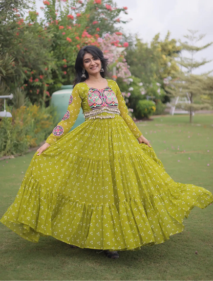 Parrot Green Navratri Gown With Bandhani Print & Gamthi Work