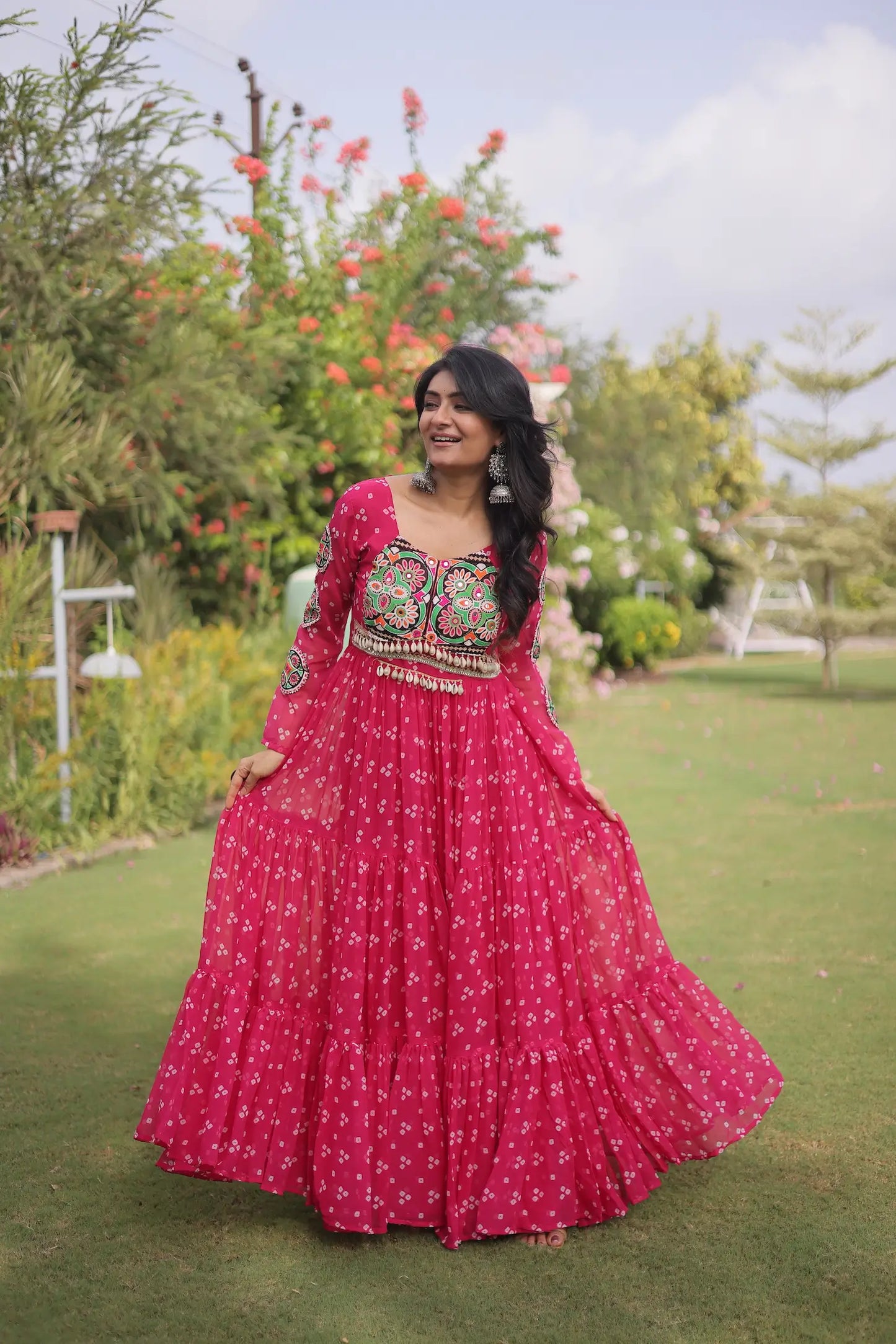 Pink Navratri Gown With Bandhani Print & Gamthi Work