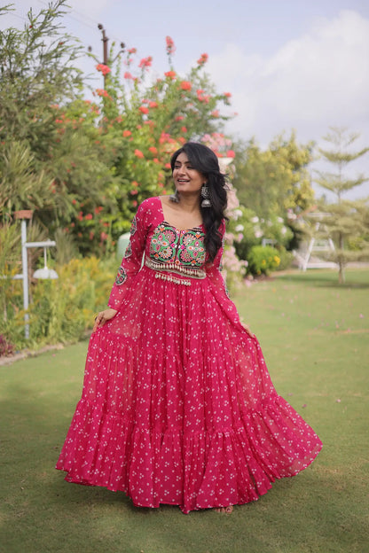 Pink Navratri Gown With Bandhani Print & Gamthi Work