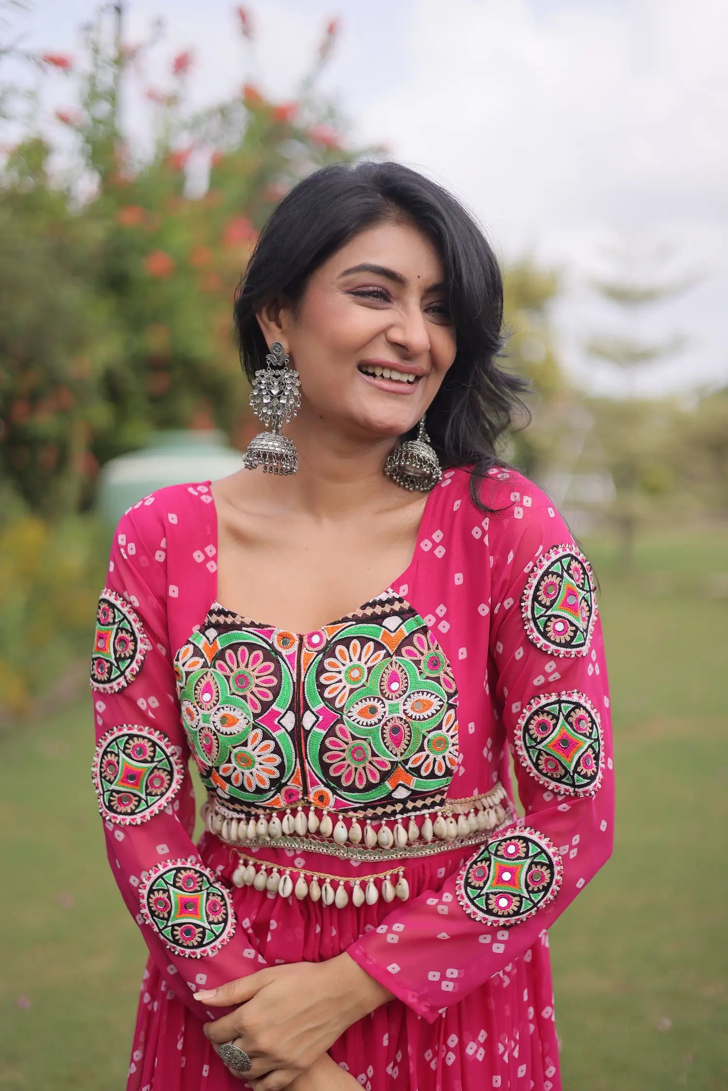 Pink Navratri Gown With Bandhani Print & Gamthi Work
