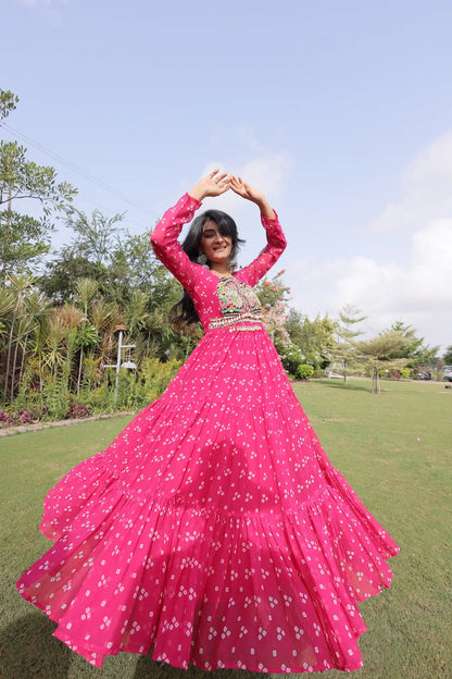 Pink Navratri Gown With Bandhani Print & Gamthi Work