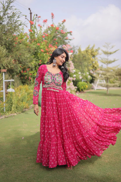 Pink Navratri Gown With Bandhani Print & Gamthi Work
