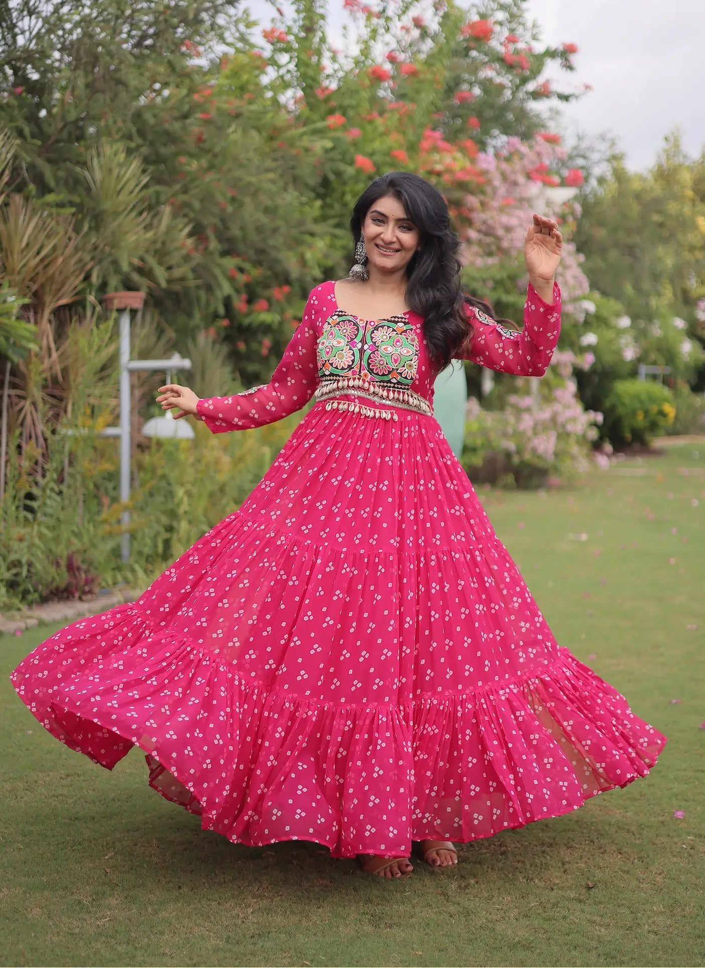 Pink Navratri Gown With Bandhani Print & Gamthi Work