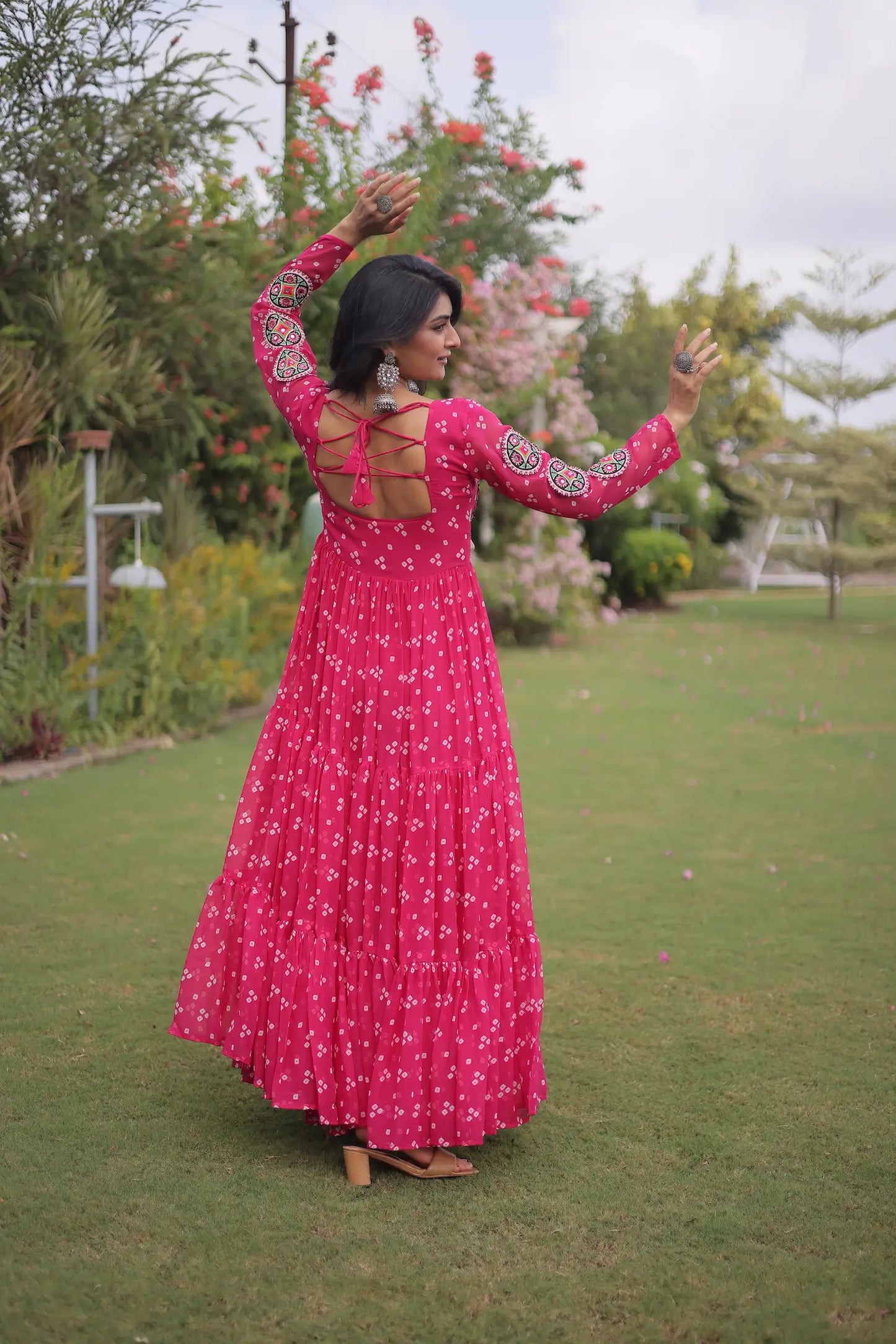 Pink Navratri Gown With Bandhani Print & Gamthi Work