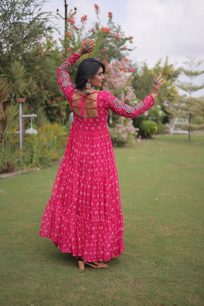 Pink Navratri Gown With Bandhani Print & Gamthi Work