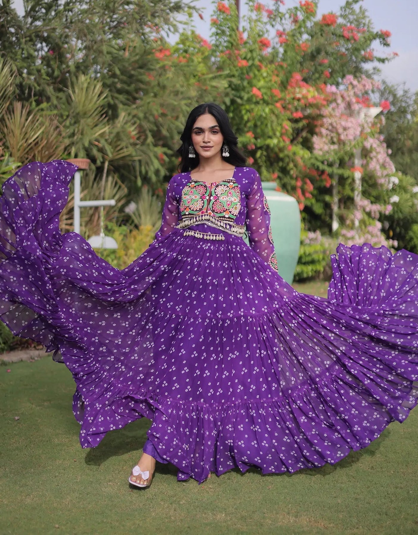 Purple Navratri Gown With Bandhani Print & Gamthi Work