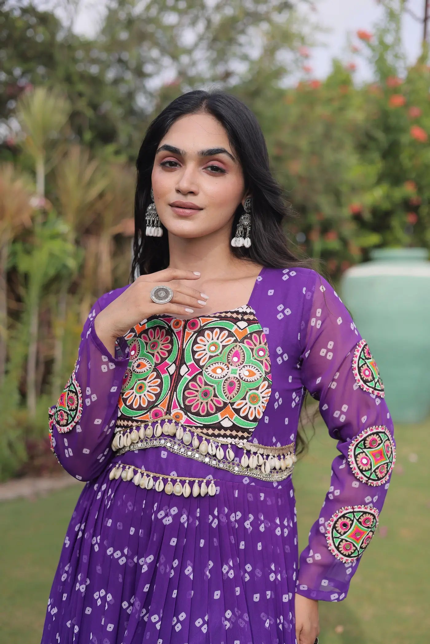 Purple Navratri Gown With Bandhani Print & Gamthi Work