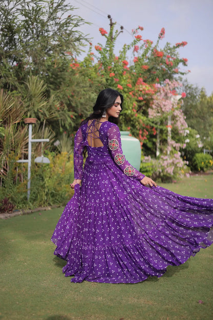 Purple Navratri Gown With Bandhani Print & Gamthi Work