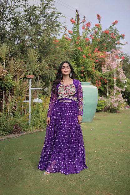 Purple Navratri Gown With Bandhani Print & Gamthi Work