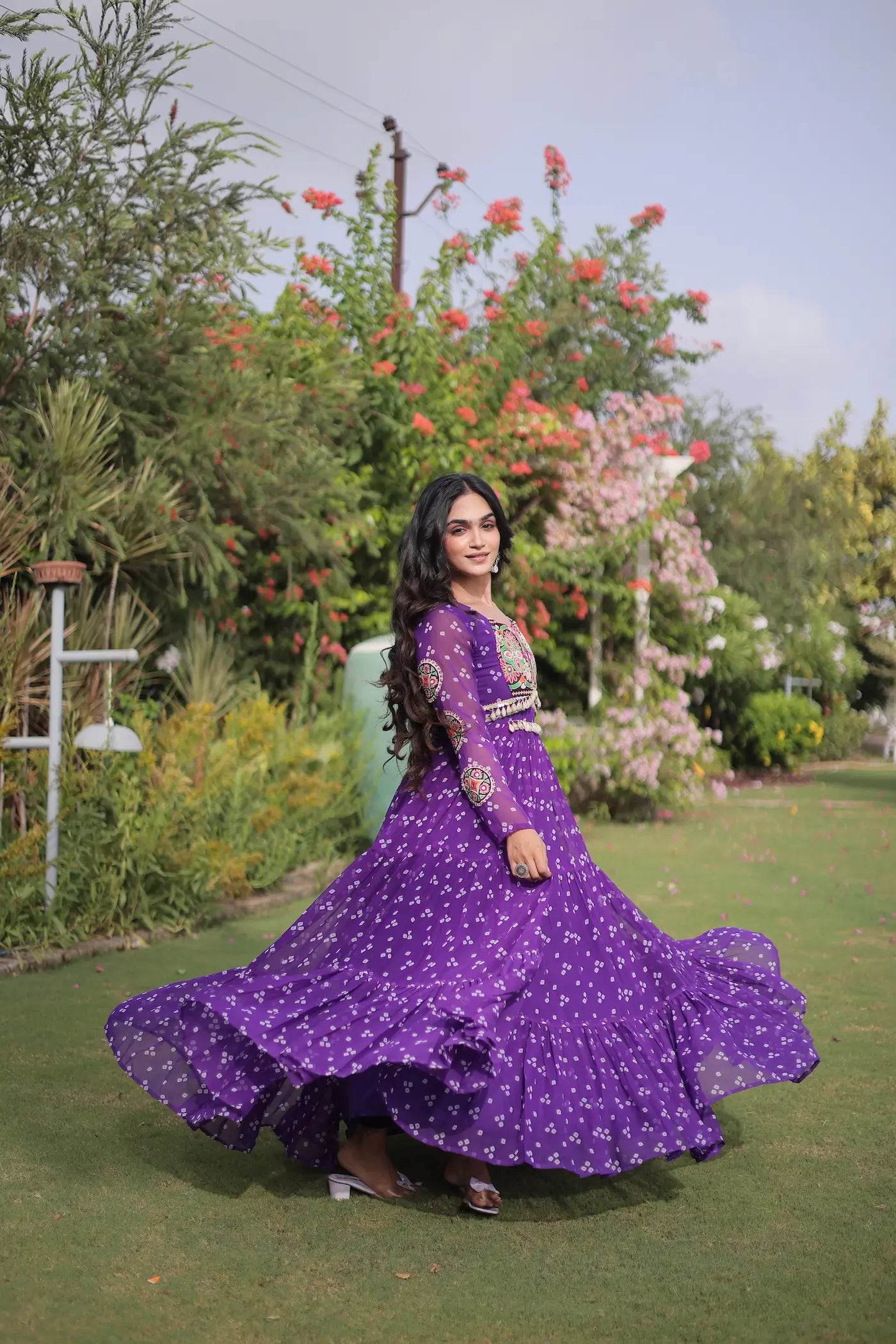 Purple Navratri Gown With Bandhani Print & Gamthi Work