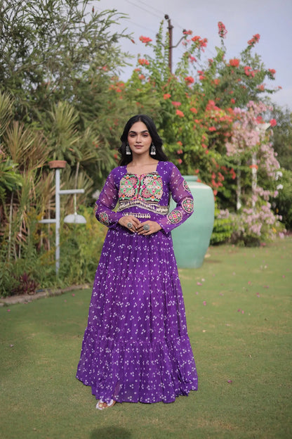 Purple Navratri Gown With Bandhani Print & Gamthi Work