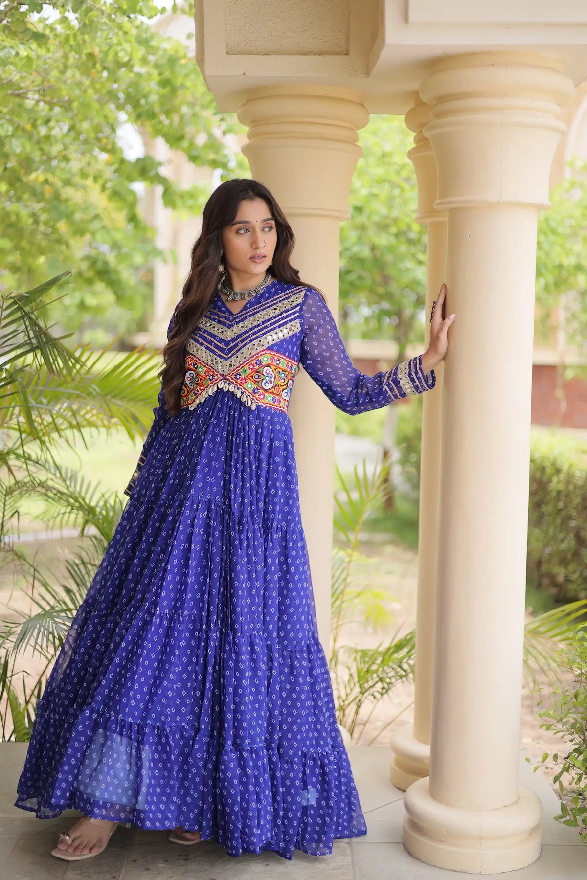 Blue Navratri Gown With Bandhani Print & Gamthi Patch Work