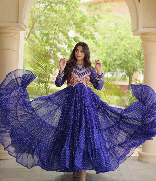 Blue Navratri Gown With Bandhani Print & Gamthi Patch Work