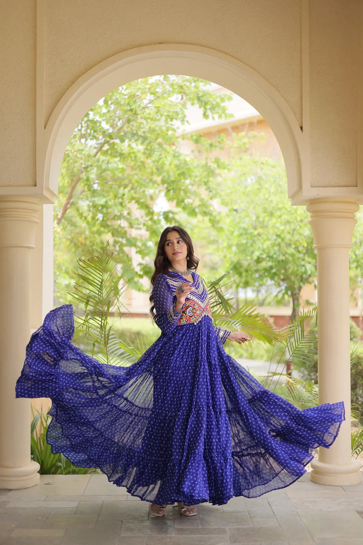 Blue Navratri Gown With Bandhani Print & Gamthi Patch Work