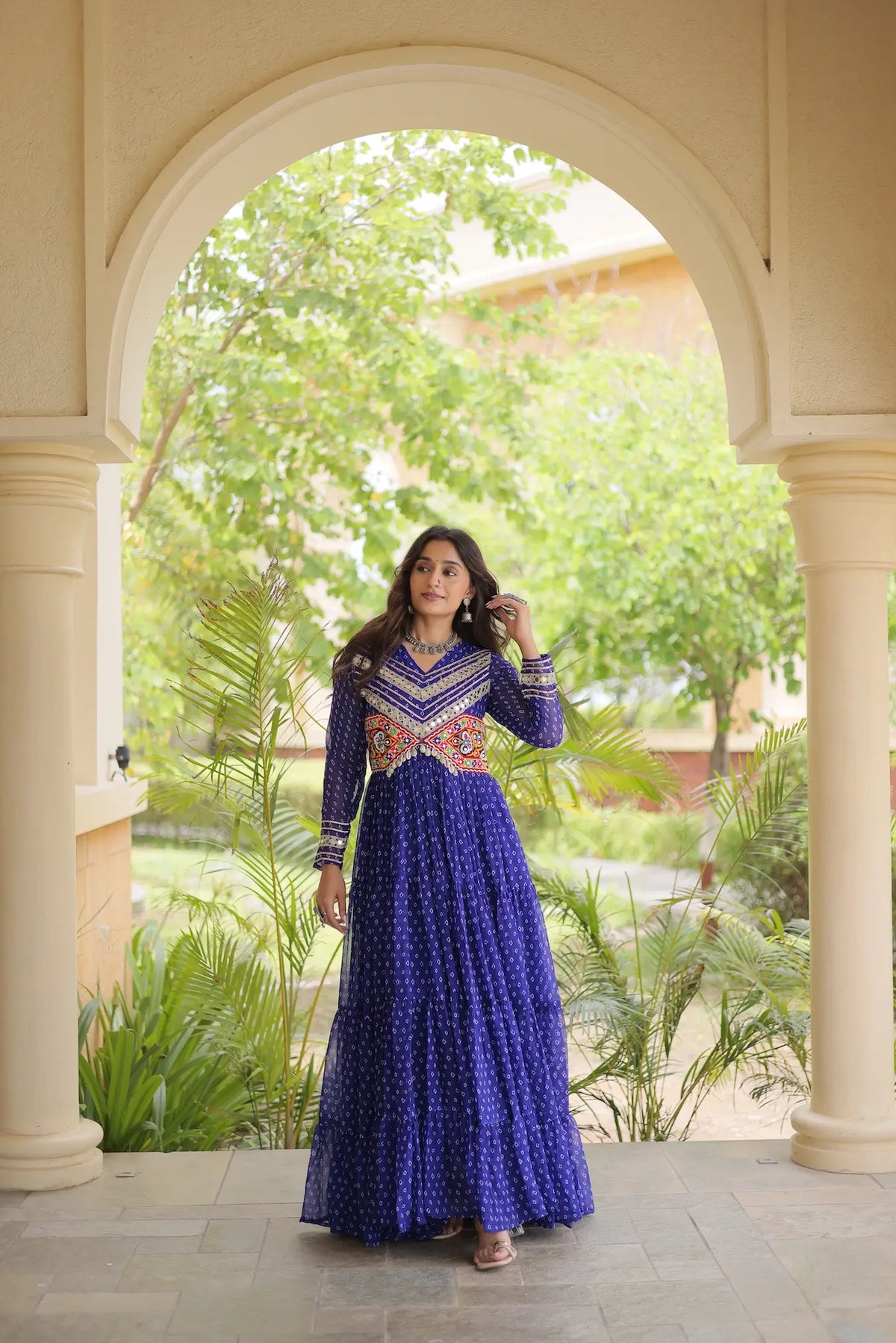 Blue Navratri Gown With Bandhani Print & Gamthi Patch Work